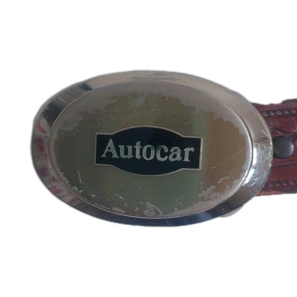 VINTAGE AUTOCAR HOOD ORNAMENT TRUCK BELT BUCKLE & Western Tooled BELT Size 34